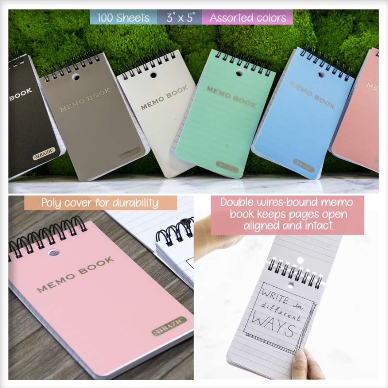 BAZIC 3" x 5" Poly Cover Top Bound Spiral Memo Book (100 Sheets)
