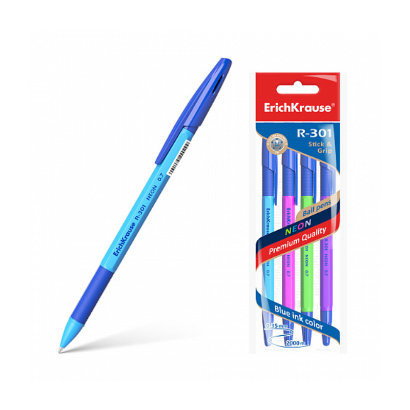 Erich Krause Neon R-301 Grip 1.0mm Ballpoint Pen (4/Pack)