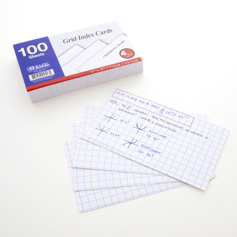 BAZIC 3" x 5" Quad Ruled 4-1" White Index Card (100 Sheets)