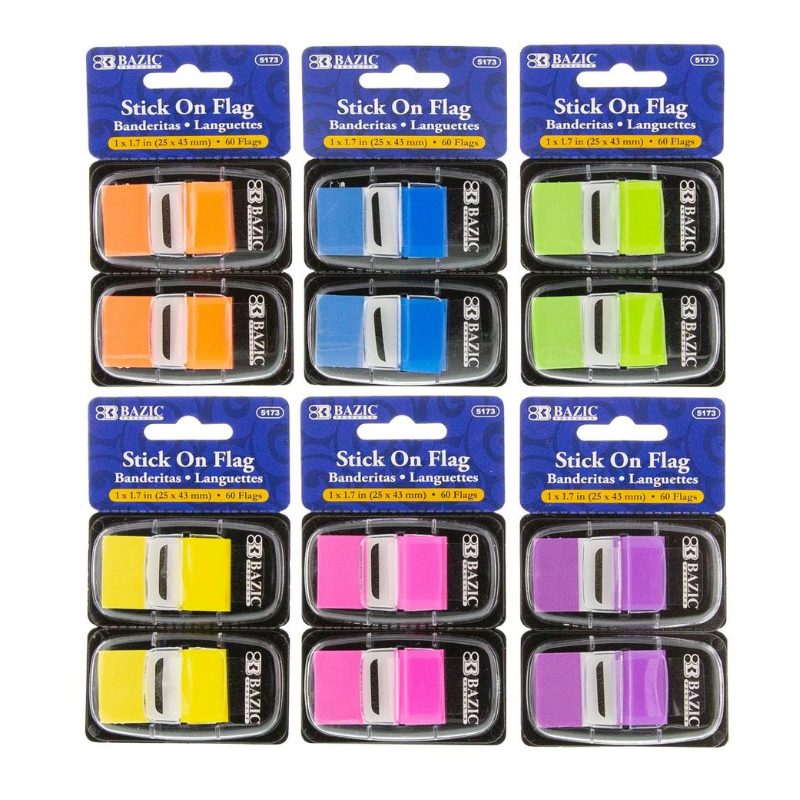 BAZIC 30 Sheets 1" x 1.7" Neon Color Standard Flags w/ Dispenser (2/Pack)