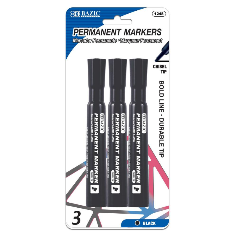 BAZIC Black Chisel Tip Desk Style Permanent Markers (3/Pack)