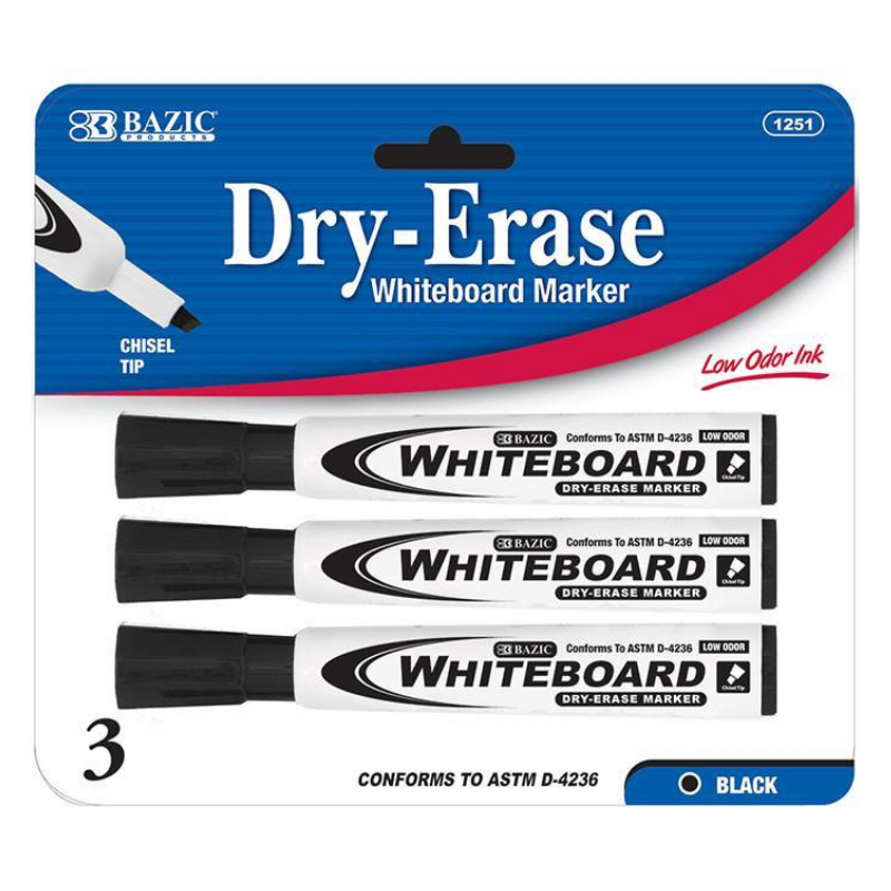 BAZIC Black Chisel Tip Dry-Erase Markers (3/Pack)