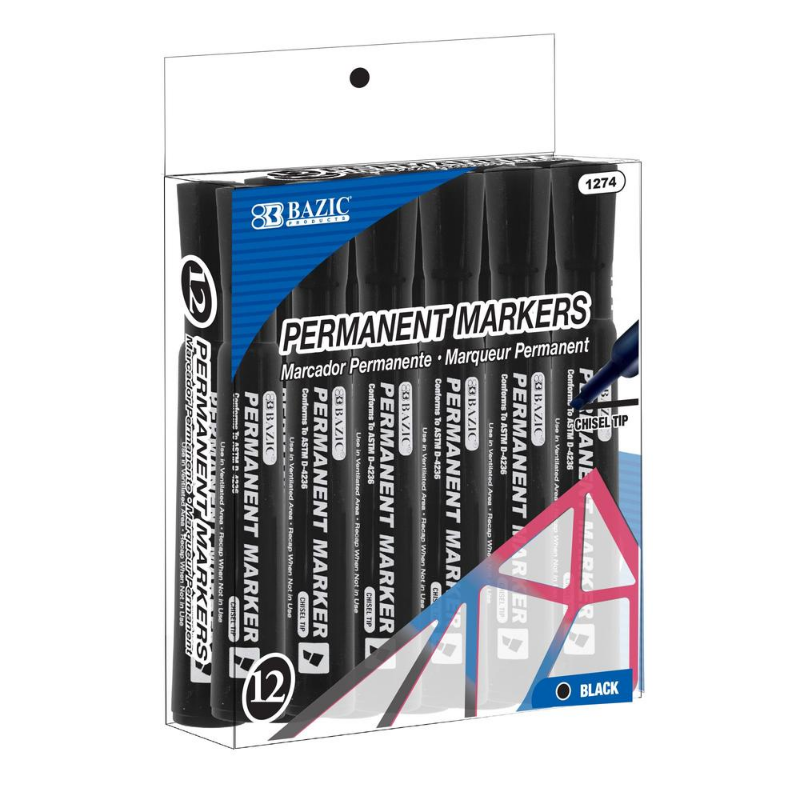 BAZIC Black Colour Chisel Tip Desk Style Permanent Markers (12/Pack)