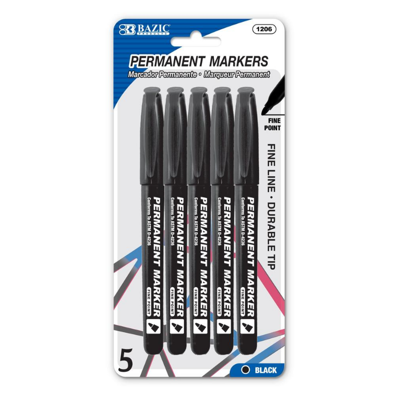 BAZIC Black Fine Tip Permanent Markers w/ Pocket Clip (5/Pack)