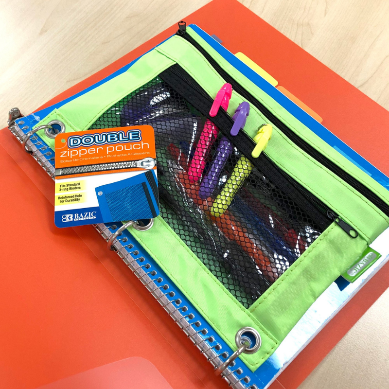 BAZIC Double Zipper 3-Ring Pencil Pouch w/ Mesh Window