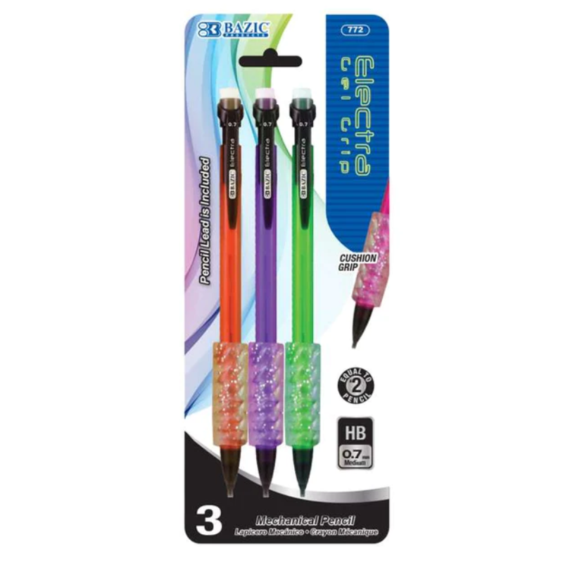BAZIC Electra Fashion Colour 0.7mm Mechanical Pencil with Gel Grip (3/Pack)