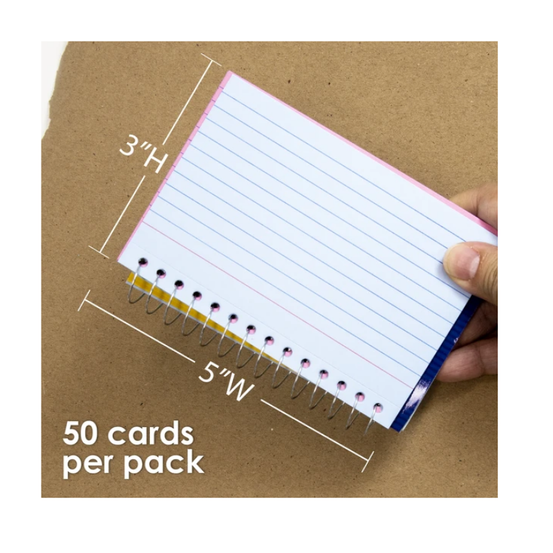 BAZIC 3" x 5" Spiral Bound Ruled Coloured Index Card (50 Sheets)