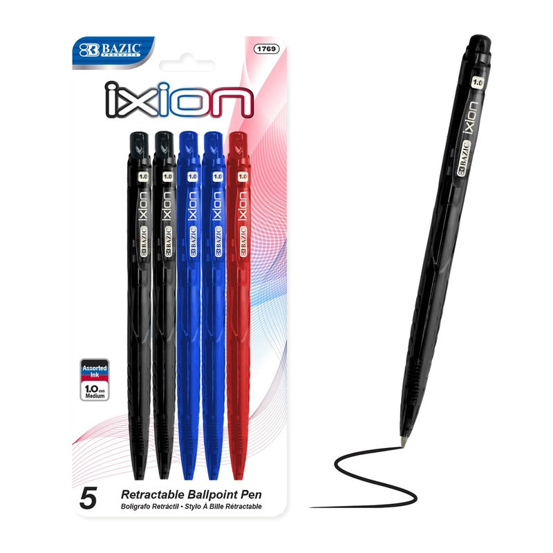 BAZIC Ixion Assorted Colour Retractable Ballpoint Pen (5/Pack)