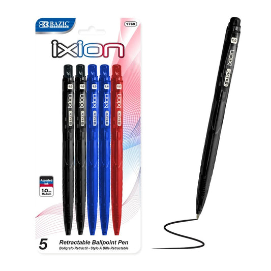 BAZIC Ixion Assorted Colour Retractable Ballpoint Pen (5/Pack)
