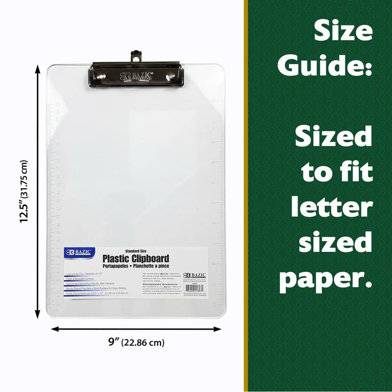 BAZIC Letter Size Clear Plastic Clipboard w/ Low Profile Clip