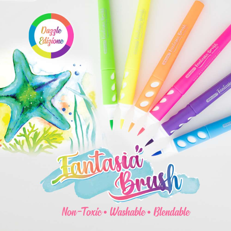 BAZIC Neon Coloured Brush Markers (6/Pack)