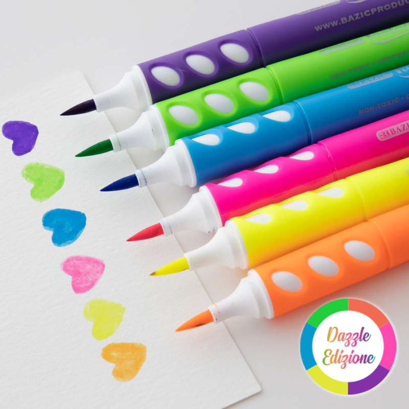 BAZIC Neon Coloured Brush Markers (6/Pack)