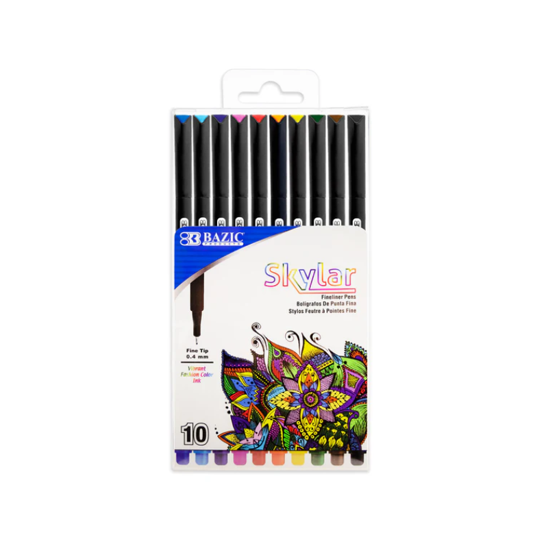 BAZIC Skylar 0.4mm Coloured Fineliner Pen (10/Pack)