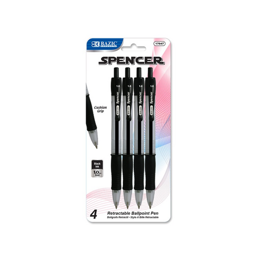 BAZIC Spencer Black Retractable Pen with Cushion Grip (4/Pack)