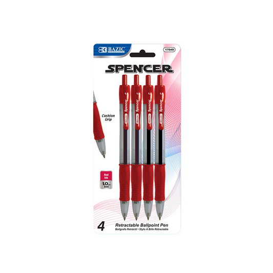 BAZIC Spencer Red Retractable Pen with Cushion Grip (4/Pack)