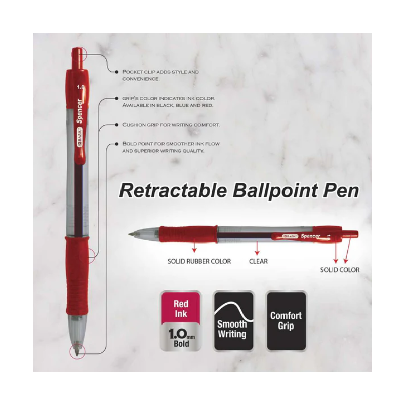 BAZIC Spencer Red Retractable Pen with Cushion Grip (4/Pack)