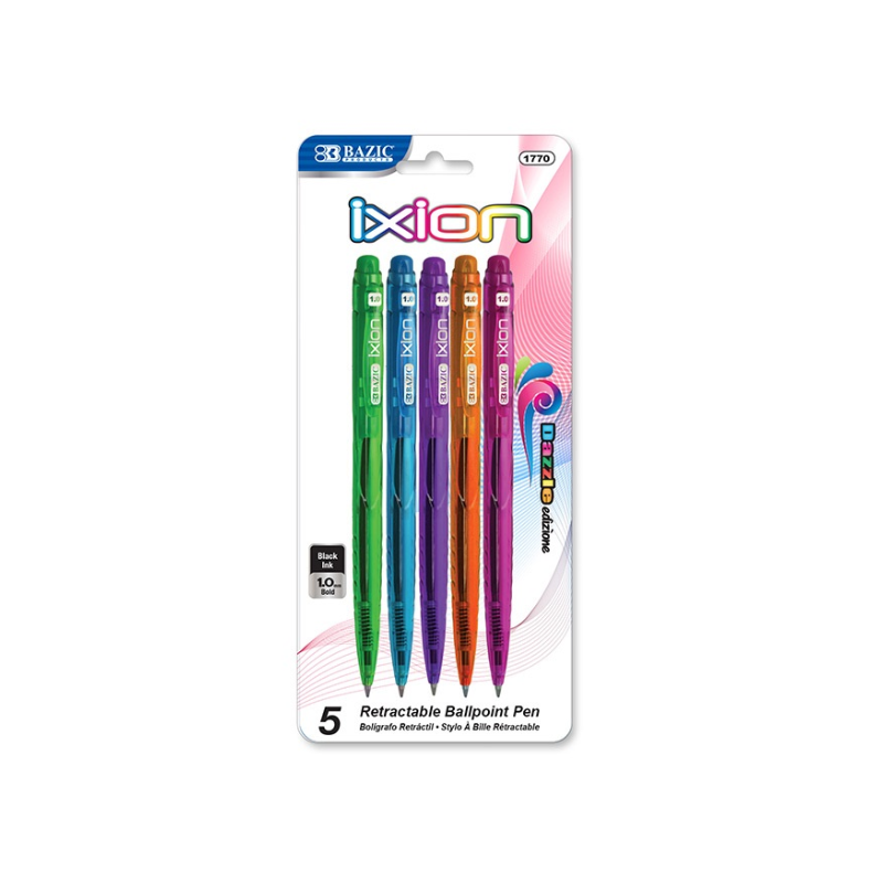 BAZIC Ixion Coloured Barrel Retractable Black Ink Pen (5/Pack)