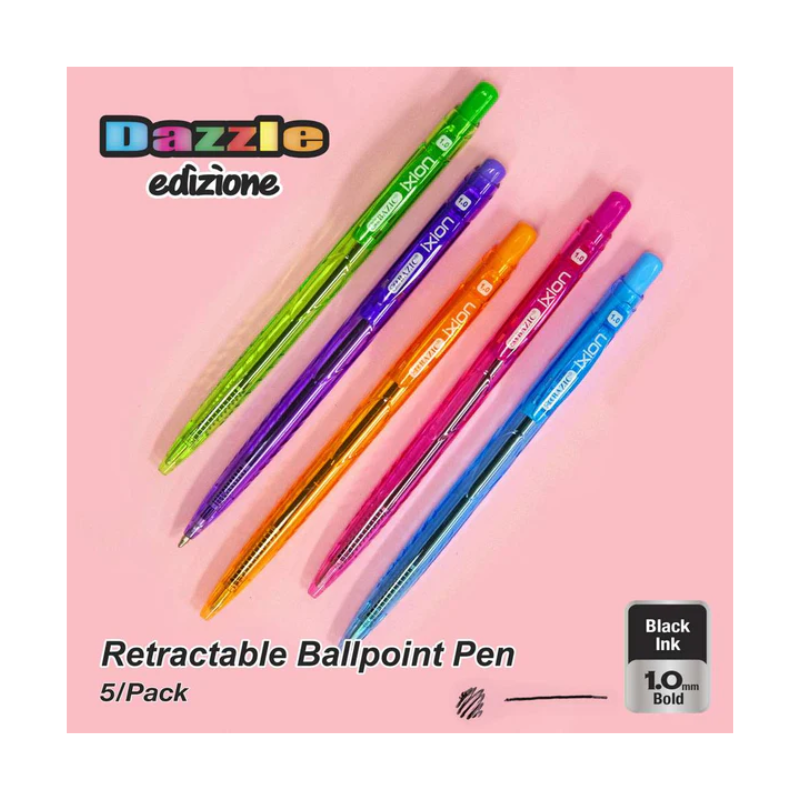 BAZIC Ixion Coloured Barrel Retractable Black Ink Pen (5/Pack)