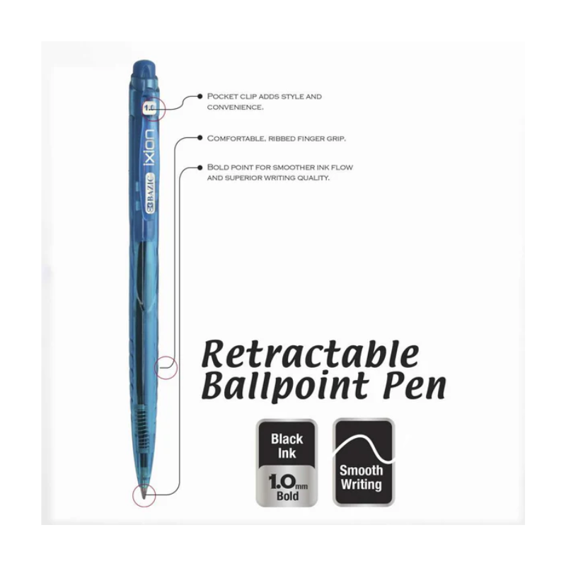 BAZIC Ixion Coloured Barrel Retractable Black Ink Pen (5/Pack)