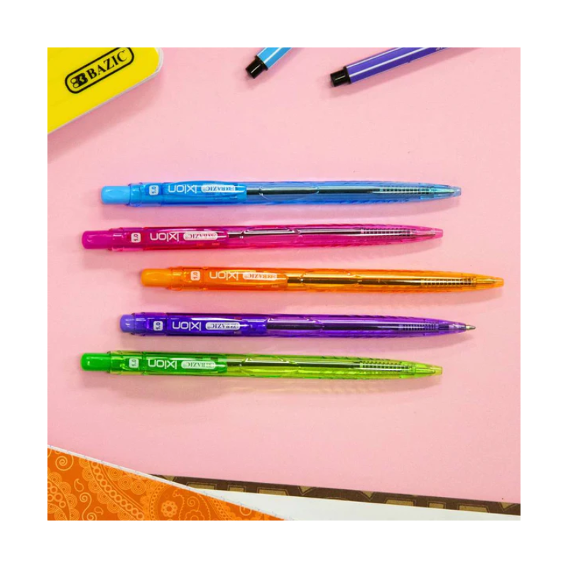 BAZIC Ixion Coloured Barrel Retractable Black Ink Pen (5/Pack)