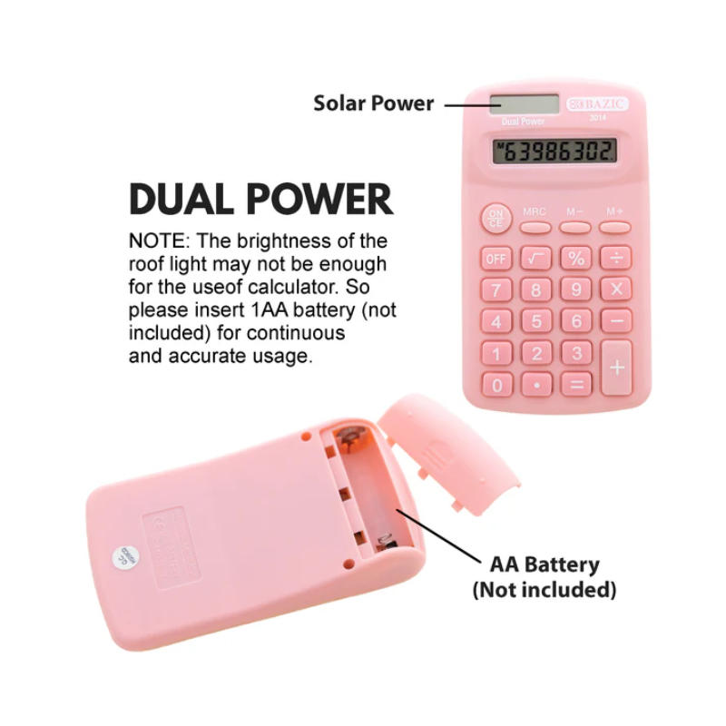 BAZIC 8-Digit Dual Power Pocket Size Pastel Calculator