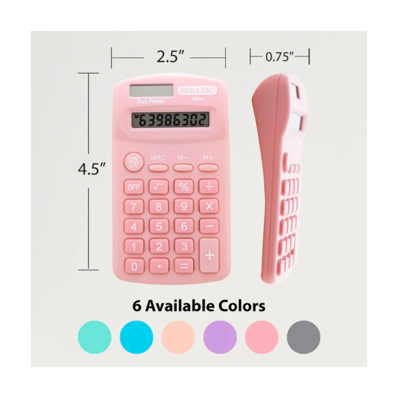BAZIC 8-Digit Dual Power Pocket Size Pastel Calculator