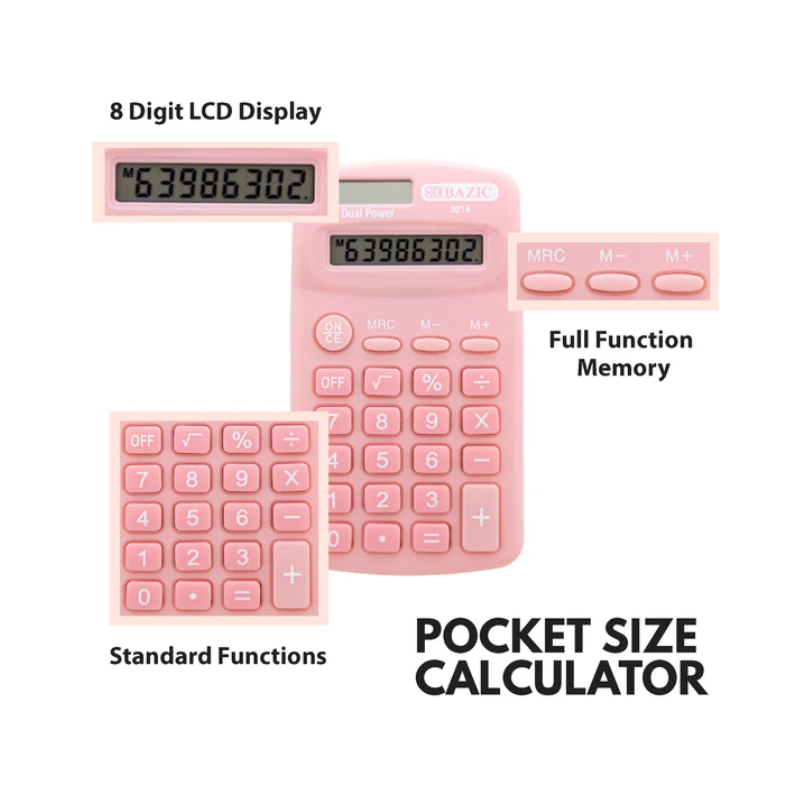 BAZIC 8-Digit Dual Power Pocket Size Pastel Calculator