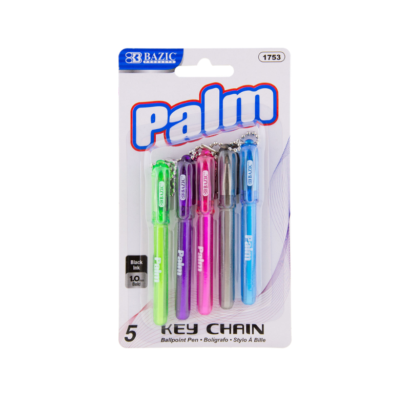 BAZIC Palm Mini Ballpoint Pen w/ Key Ring (5/Pack)