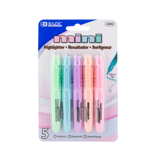 BAZIC Mini Pastel Highlighter w/ Cap Clip (5/Pack)