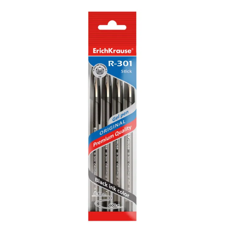 Erich Krause R-301 0.5mm Gel Pen - Black (4/Pack)