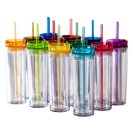 16oz Acrylic Skinny Tumbler with Coloured Lid & Straw