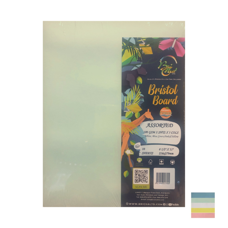 BriCha 180gsm Bristol Board (10 Sheets) - Assorted - 8.5" x 11"
