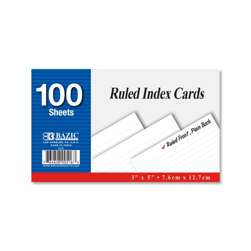 BAZIC 3" x 5" Ruled White Index Card (100 Sheets)