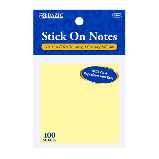 BAZIC 100 Sheets 3" X 3" Yellow Stick On Notes