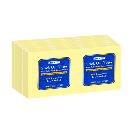 BAZIC 100 Sheets 3" X 3" Yellow Stick On Notes (12/Pack)