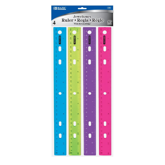 BAZIC 12" (30cm) Jeweltones Color Ruler (4/Pack)