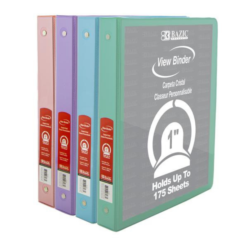 BAZIC 1" Asst. Pastel Color 3-Ring View Binder w/ 2-Pockets