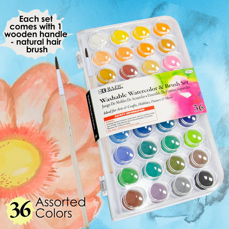 BAZIC 36 Colour Watercolour Paint with Brush