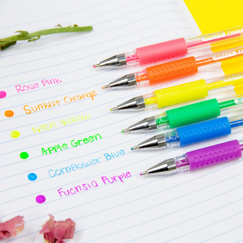 BAZIC 6 Fluorescent Color Essence Gel Pen w/ Cushion Grip