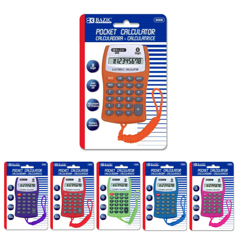 BAZIC 8-Digit Pocket Size Calculator w/ Neck String