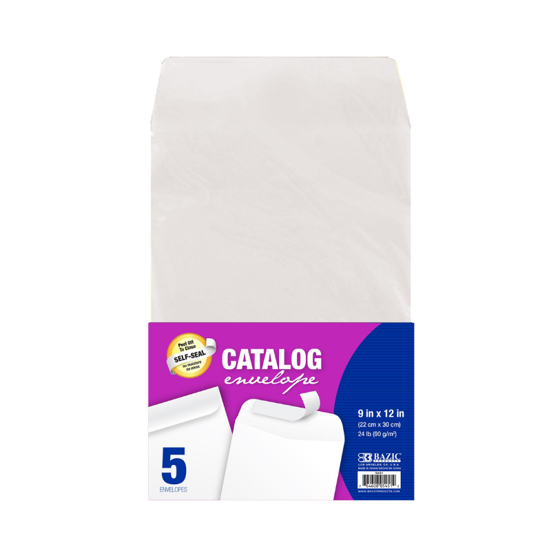 BAZIC 9" x 12" Self-Seal White Catalog Envelope (5/Pack)