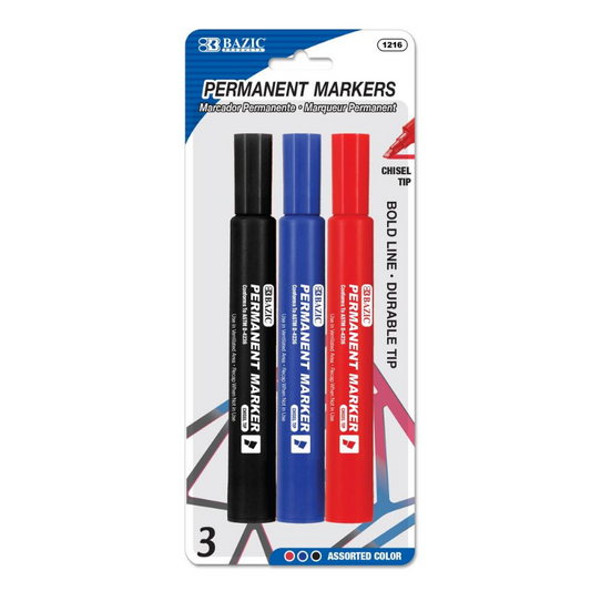 BAZIC Assorted Colour Chisel Tip Jumbo Permanent Marker (3/Pack)