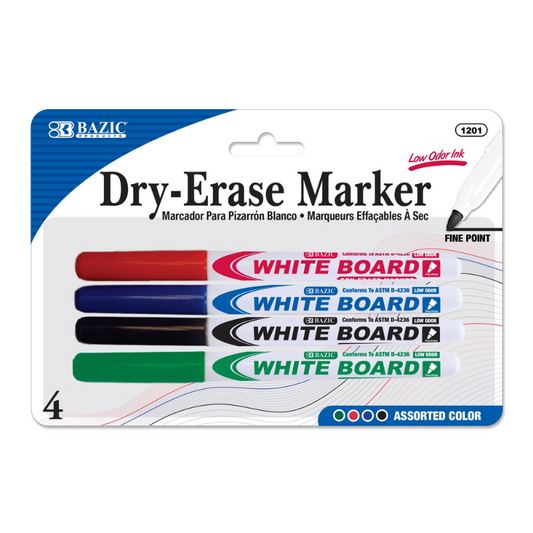 BAZIC Assorted Color Fine Tip Dry-Erase Markers (4/Pack)