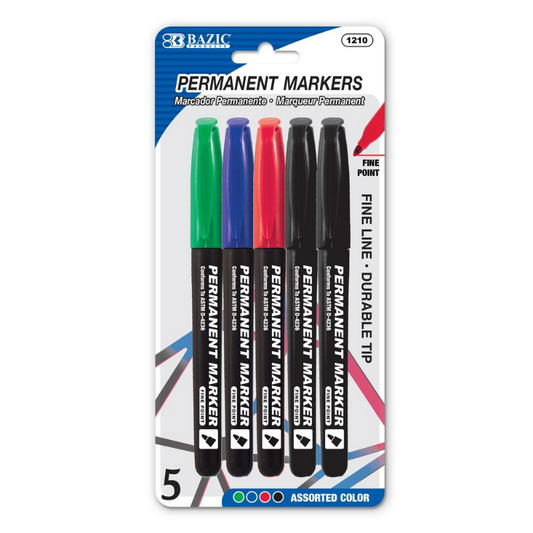 BAZIC Assorted Colour Fine Tip Permanent Markers w/ Pocket Clip (5/Pack)