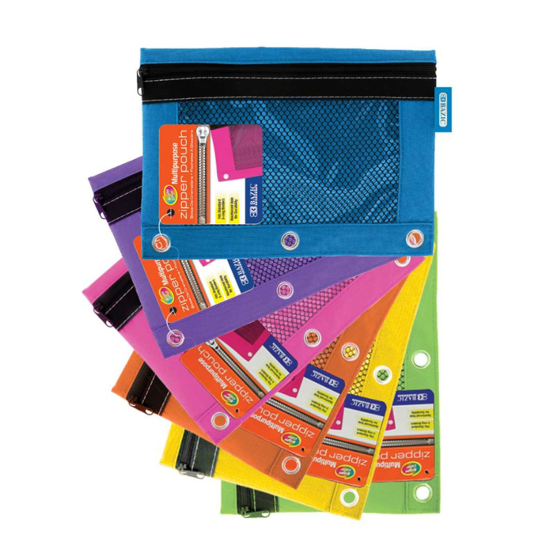 BAZIC Bright Color 3-Ring Pencil Pouch w/ Mesh Window