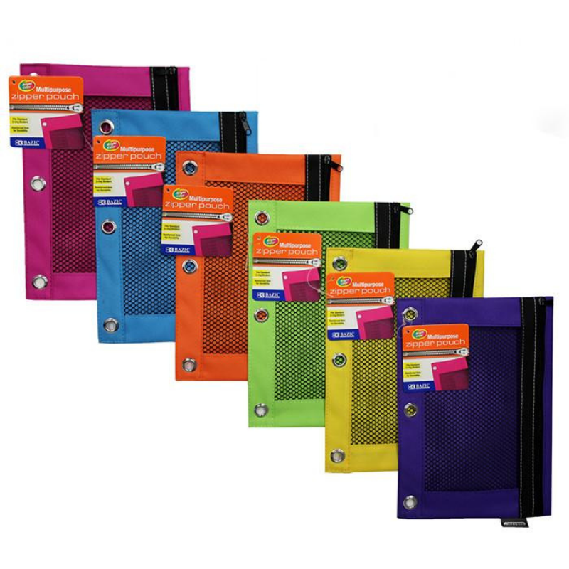 BAZIC Bright Color 3-Ring Pencil Pouch w/ Mesh Window