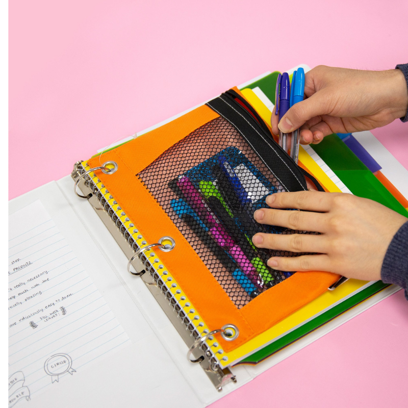 BAZIC Bright Color 3-Ring Pencil Pouch w/ Mesh Window
