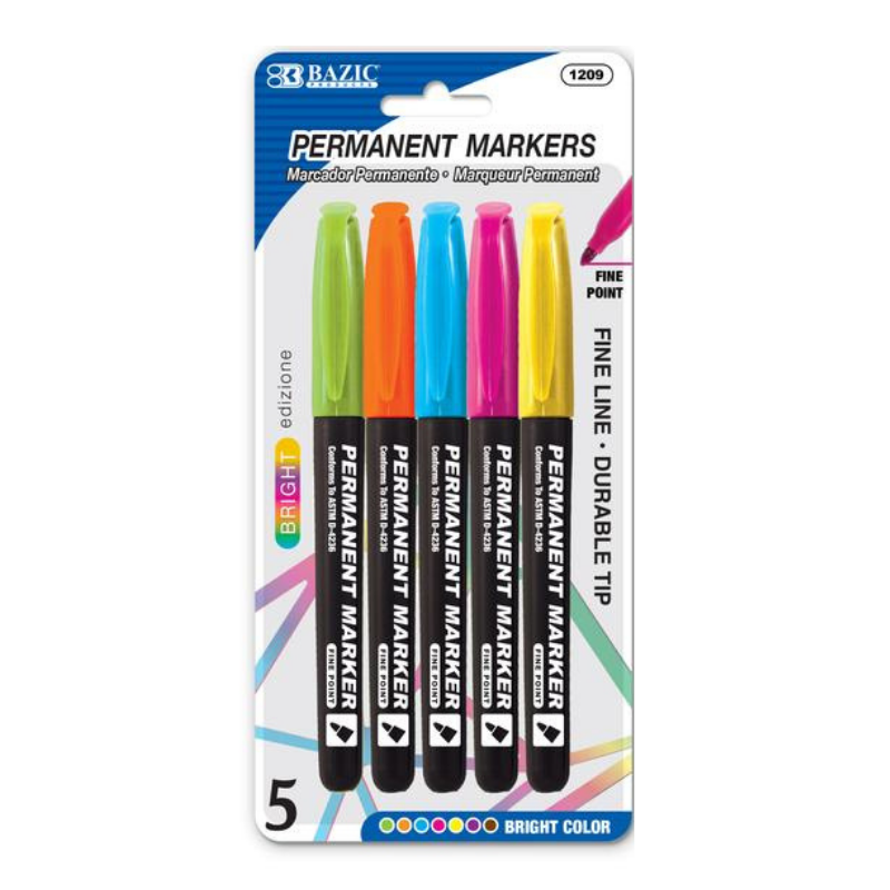 BAZIC Bright Colors Fine Tip Permanent Markers w/ Pocket Clip (5/Pack)