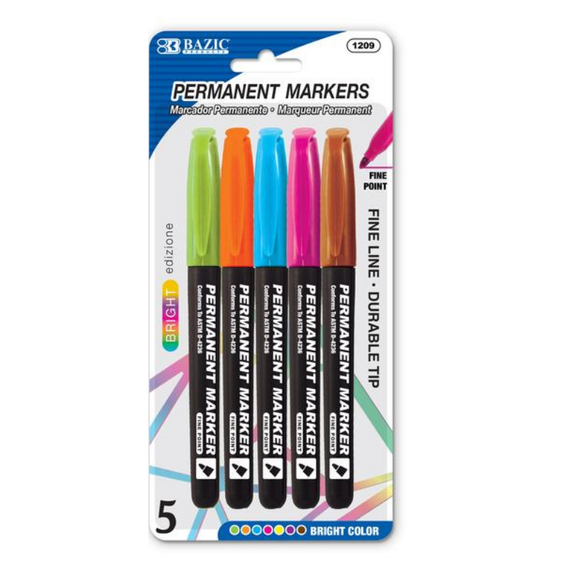 BAZIC Bright Colors Fine Tip Permanent Markers w/ Pocket Clip (5/Pack)