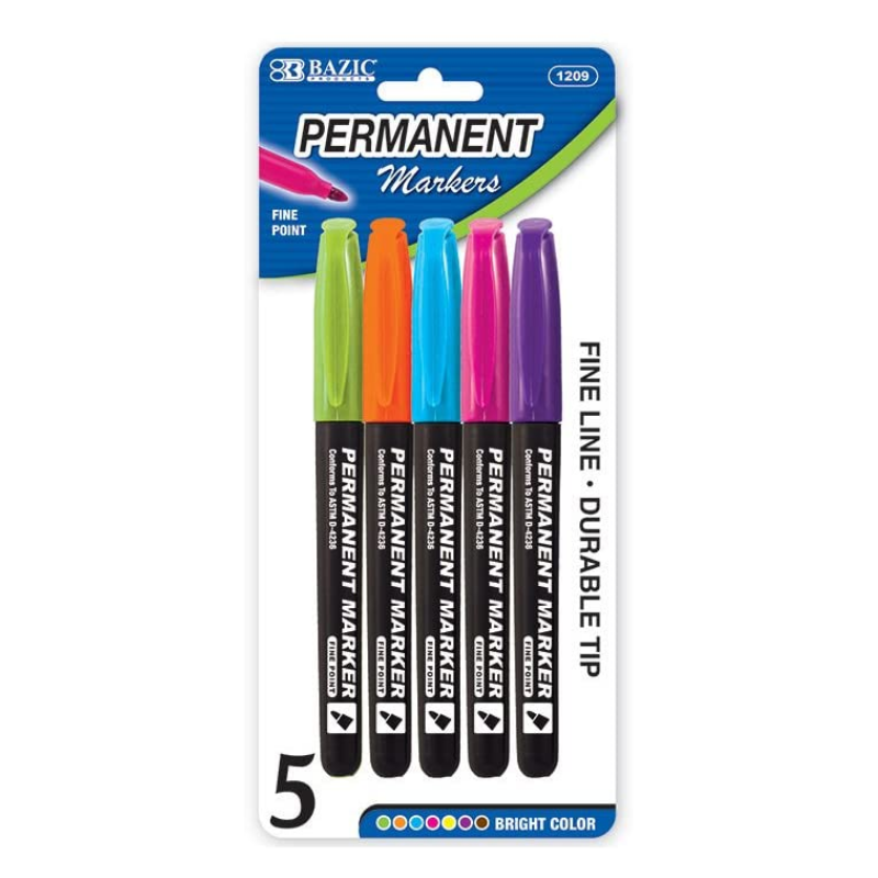 BAZIC Bright Colors Fine Tip Permanent Markers w/ Pocket Clip (5/Pack)